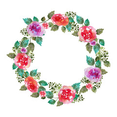 Vector Vintage floral wreath wedding frame with rose flowers and leaf. Greeting card. Hand-drawn watercolor elements.Decoration illustration . Pink, red. green on white background.