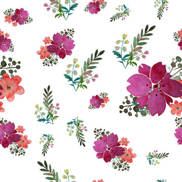 Vector Romantic floral seamless pattern with rose flowers and leaf. Print for textile wallpaper endless. Hand-drawn watercolor elements. Beauty bouquets. Pink, red. green on white background.