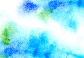 Blue and green watery frame .Abstract watercolor hand drawn illustration.Azure splash.White background.