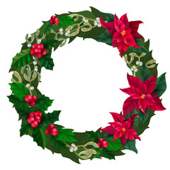 Merry Christmas wreath, new year decoration with mistletoe, holly and Christmas star plant.