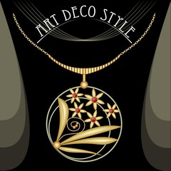 Pendant with gold bouquet. Circle composed golden jewelry in art deco style hanging on a gold chain