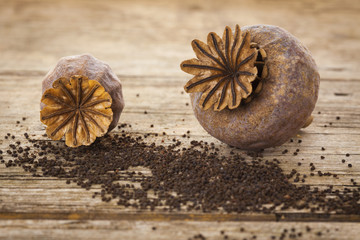 Poppy seeds and capsules on rustic background