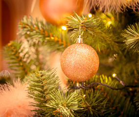 Christmas decorations on the branches of fir tree