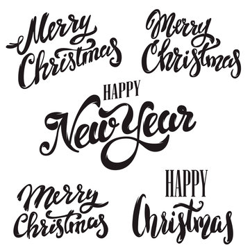 Set of Merry Christmas lettering isolated on white background. Happy New Year.  Design elements for poster, greeting card. Vector illustration.