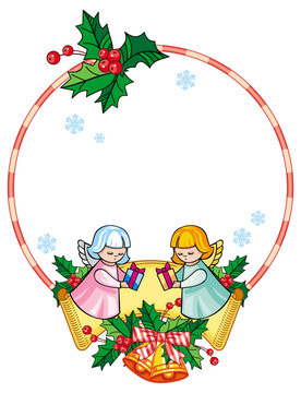 Christmas round label with cute angels. 