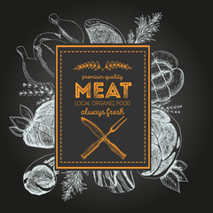 Design template for meat market. Menu label with meat meal. Hand-drawn vector illustration