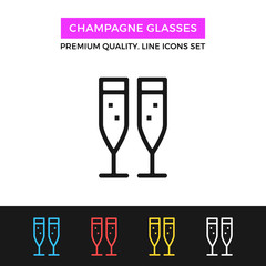 Vector champagne glasses icon. Two champagne flutes with sparkling bubbles. Thin line icon