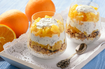 Yogurt dessert with muesli, chia seeds and oranges.