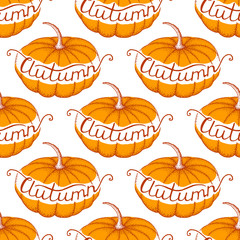 vector seamless pattern with pumpkins and lettering autumn