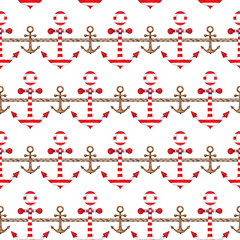 Handwork watercolor seamless pattern with anchor and rope on white background. - 130082556