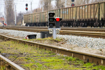 Red semaphore signal on the railway
