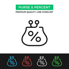 Vector purse and percent icon. Savings, economy concepts. Thin line icon