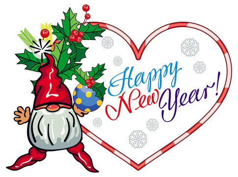 Holiday heart-shaped label with Christmas decorations, funny gnome and greeting 