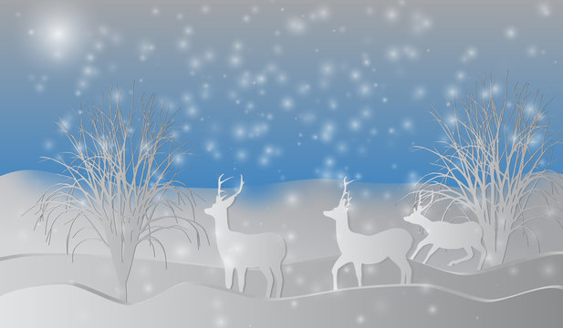 EPS10.Deer in winter woods on a background of snow. Happy new year and Merry Christmas ,paper art and craft style.