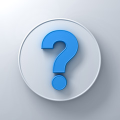 Blue question mark on round white signboard background abstract with shadow 3D rendering