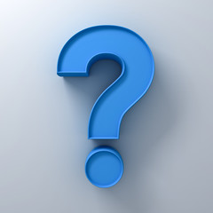 Blue question mark on white background abstract with shadow 3D rendering