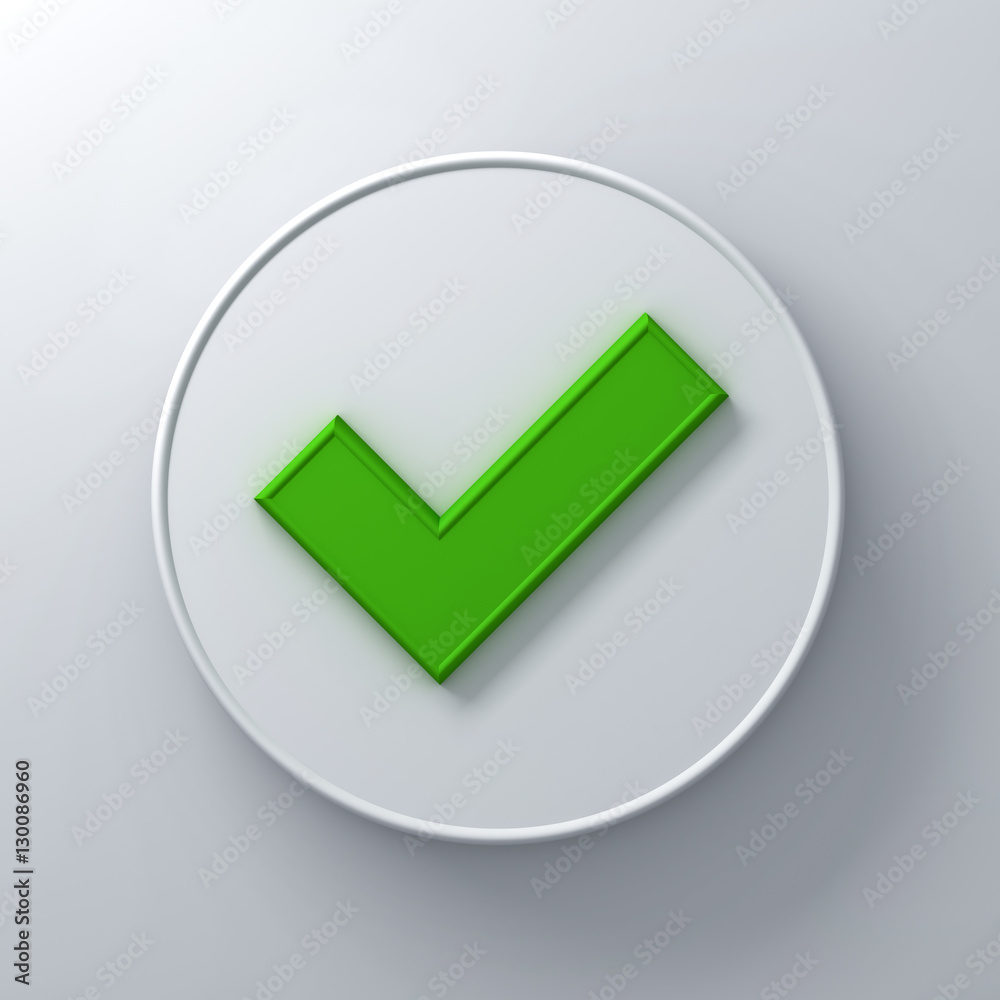 Poster green check mark or tick abstract on round signboard over white wall background with shadow 3d rende