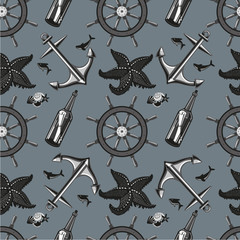 Marin seamless pattern with anchor and whell.