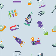 Seamless pattern with cartoon science elements an laboratory equipment
