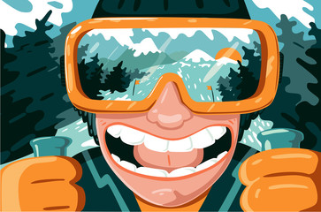 Funny Portrait of Mountain Skier. Cartoon illustrartion.