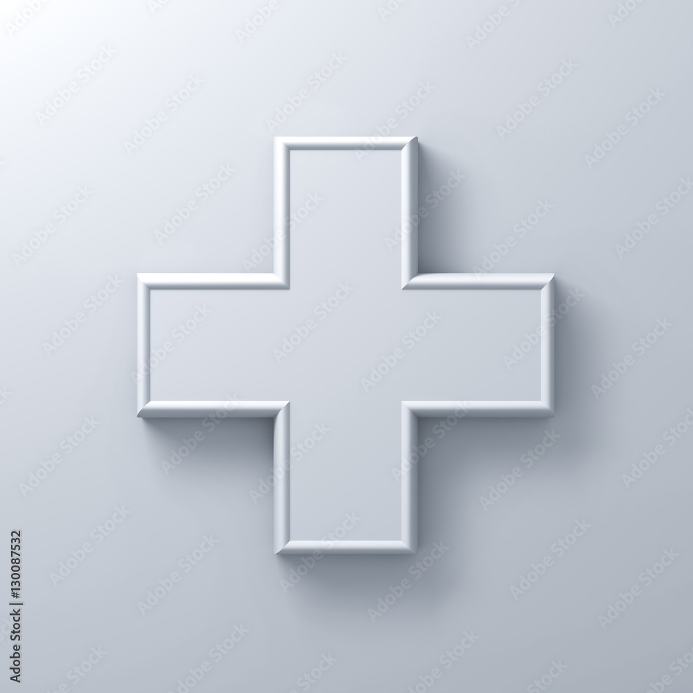 Poster white plus sign abstract on white wall background with shadow 3d rendering