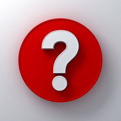 White question mark on round red signboard background abstract with shadow 3D rendering