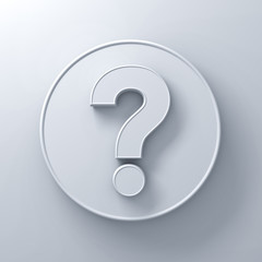 White question mark on white round signboard background abstract with shadow 3D rendering