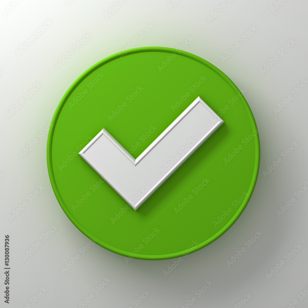 Poster white check mark or tick abstract on green round signboard over white wall background with shadow 3d
