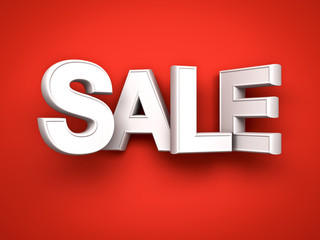 3d white sale word on red background with shadow 3D rendering