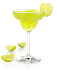 frozen margarita garnished with lime slice and salty rim