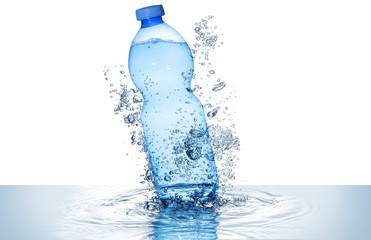  blue water bottle and bubbles above rippled wave isolated on white