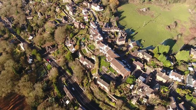 Tilting aerial view of Ironbridge village, UK.