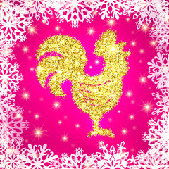 Golden glitter crowing rooster with sparkles and stars on pink Christmas background with snowflakes. Chinese symbol for the New year 2017. Silhouette with gold confetti. Tinsel vector illustration.