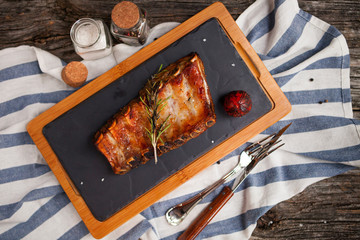 Close up Mouth Watering Juicy Grilled Pork Rib Meat  with grill