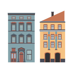 Beautiful detailed cartoon cityscape collection with townhouses. Small town street  victorian building facades. Template for web, graphic, game and motion design. Vector illustration
