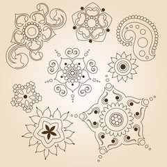 Henna tattoo doodle set. Mehndi linear elements on brown background. Vector illustration