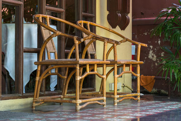 Fototapeta na wymiar leisure corner with wood chairs and table 