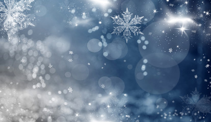 Blue holiday abstract background with stars and snowflakes
