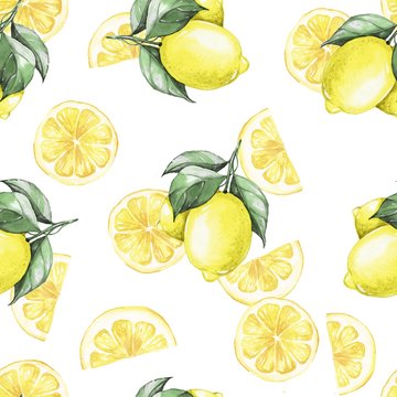 Watercolor seamless pattern with lemos. Hand painted background 1