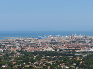 Spectacular aerial panorama of Livorno city made from the nearby hills of Montenero on sunny day, Tuscany Italy