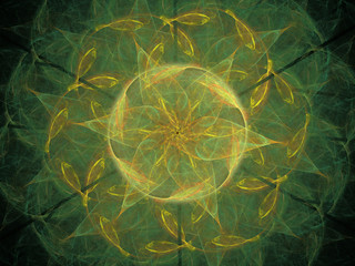 Fractal pattern of  yellow  green flower with petals  on  black background