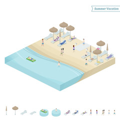 Isometric summer beach. Entrance to the beach + object isolated on white background. Vector illustration.