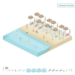 Isometric summer beach. People on vacation + object isolated on white background. Vector illustration.