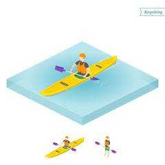 Man riding a yellow kayak. Isometric view. Rafting sports concept + isolated object on white background. Vector illustration.