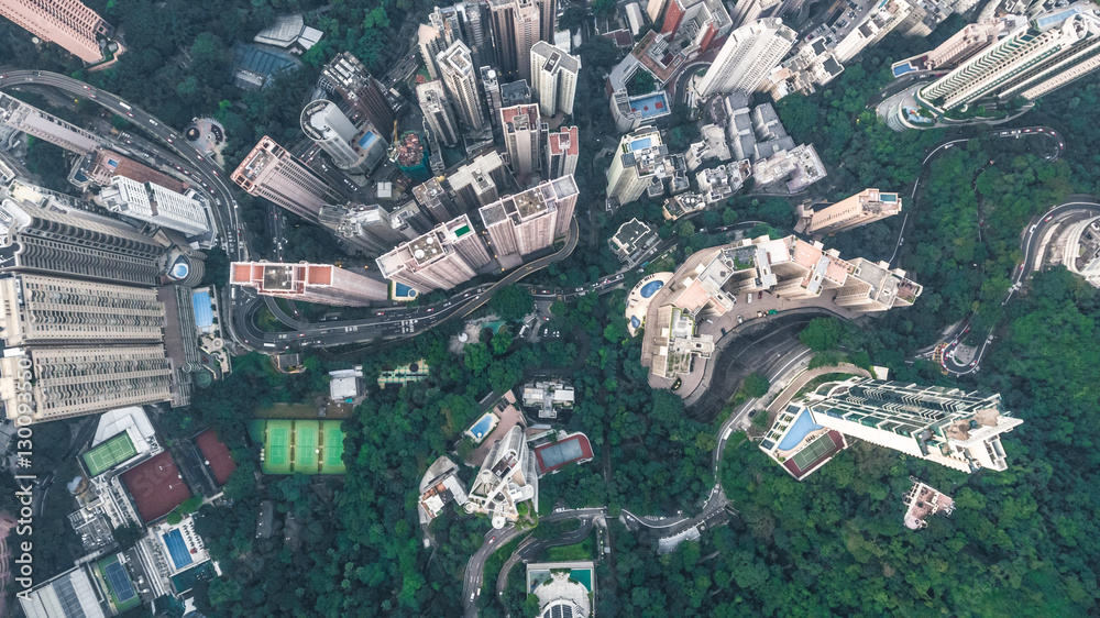 Wall mural top view or aerial shot of skyscrapers and green trees in a big city. hong kong, china.