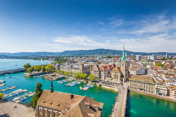 Aerial view of Zürich city center with river Limmat, Switzerland - obrazy, fototapety, plakaty