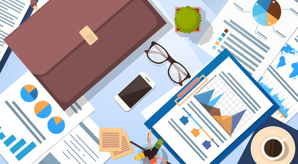 Workplace Desk Documents Papers Folder Office Stuff Top Angle View Flat Vector Illustration