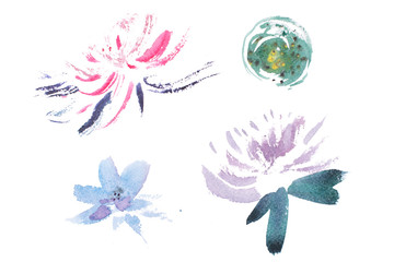 Fototapeta na wymiar watercolor drawing of fresh garden flowers, summer meadow bouquet aquarelle painting