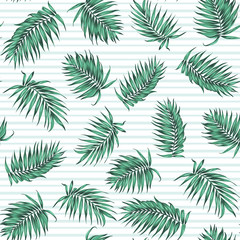 Fototapeta na wymiar Blue green exotic tropical palm leaves. Loose random seamless pattern on striped background. Vector design illustration.