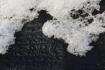 Snow on the side of the road, melting on the asphalt